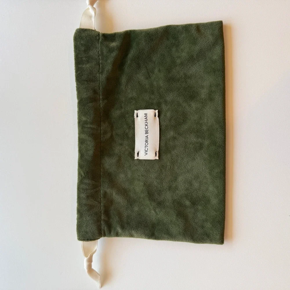 Victoria Beckham Olive Green Velvet Drawstring Pouch Ribbon Tie Logo Accessory